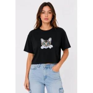 Kedi Baskılı Oversize Crop Tişört Salaş Basic Yarım Kol T-shirt - Siyah