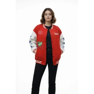 Kırmızı Varsity Çıtçıtlı Baskılı Oversize Kalıp Kolej Ceket - Kırmızı