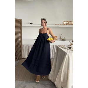 Lacivert Askılı Müslin Elbise