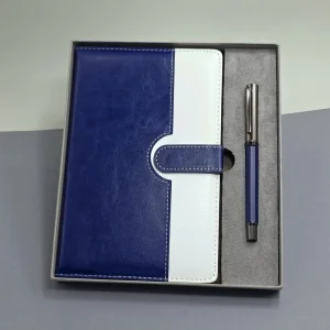 Mavi Beyaz Deri Kapaklı Defter Ve Metal Kalem Set