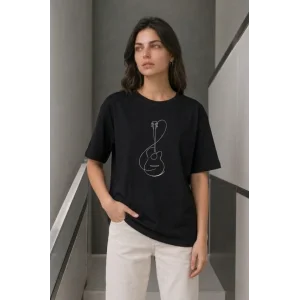 Minimal Gitar Baskılı Tişört T-Shirt Yazlık Kısa Kol Bisiklet Yaka T-Shirt - Siyah