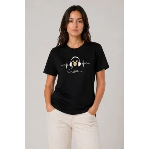 Müzik Temalı Baskılı Tişört Bisiklet Yaka Kısa Kol T-Shirt - Siyah