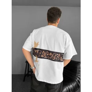 Ön Ve Arka Baskılı Oversize Bisiklet Yaka T-shirt - Beyaz
