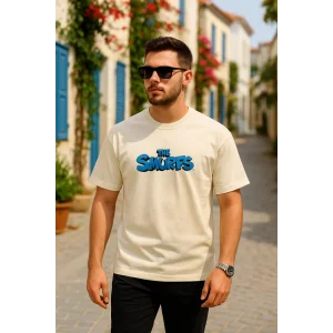 Ön Ve Arka Baskılı Oversize Bisiklet Yaka T-shirt- Beyaz