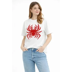 Örümcek Baskılı Tişört Kısa Kollu Bisiklet Yaka T-Shirt - Beyaz