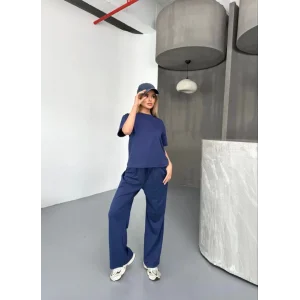 Osy Modal Yumuşak Dokulu Kumaş Kısa Kollu Bluz Rahat Pantalon Ikili Takım- Lacivert