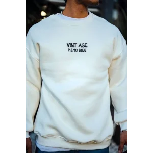 Oversize Bisiklet Yaka Üç İplik Baskılı SweatShirt - Beyaz