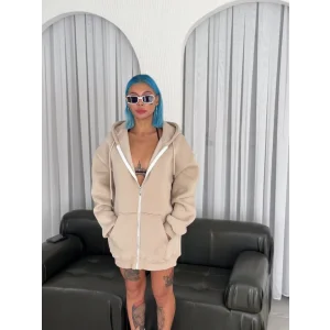 Oversize Tam Fermuarlı Uzun Kol Hırka - Bej