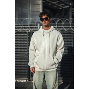 Oversize Tam Fermuarlı Uzun Kol Hırka - Beyaz