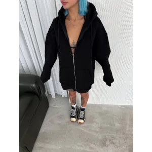 Oversize Tam Fermuarlı Uzun Kol Hırka - Siyah