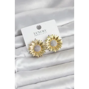 Papatya Model Zirkon Taşlı Pirinç Gold Renk Kadın Küpe - TJ-BKP11779