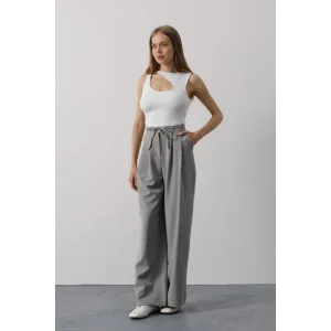 Pileli Bağcıklı Oversize Pantolon - Gri