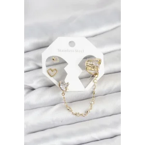 Pirinç Gold Renk Kalp Model Zincir Bağlantılı Ear Cuff Küpe Seti - TJ-BKP11541