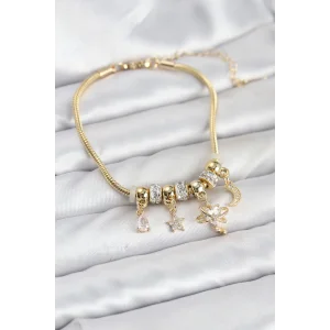 Pirinç Gold Renk Kalpli Model Charmlı Kadın Bileklik - TJ-BB8177