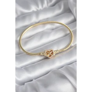 Pirinç Gold Renk Zirkon Taşlı Kalp Sonsuzluk Model Charm Kadın Bileklik - TJ-BB5797