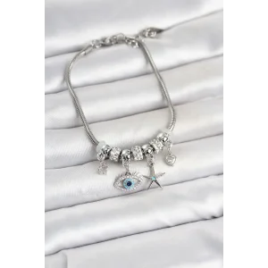 Pirinç Gümüş Renk Göz Model Charmlı Kadın Bileklik