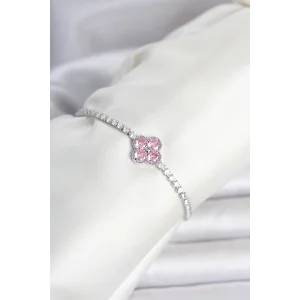 Pirinç Gümüş Renk Pembe Zirkon Taşlı Yonca Model Su Yolu Kadın Bileklik