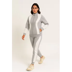 Premium Parçalı Eşofman Takım - Dik Yaka Fermuarlı Sweatshirt - Gri