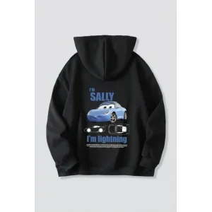 Sevgililer Günü Özel Kapüşonlu Araba Baskılı Oversize Sweatshirt - Siyah