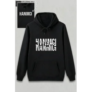 Sevgililer Günü Özel Kapüşonlu Hanımcı Baskılı Oversize Sweatshirt - Siyah