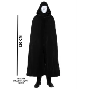 Siyah Kapüşonlu 120 cm Pelerin ve Beyaz Boyanabilir Tam Yüz Maske
