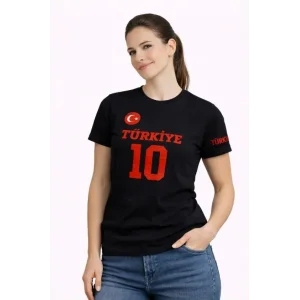 TÜRKİYE Ay Yıldız Baskılı 10 Numara Forma Tişört Taraftar T-Shirt - Siyah