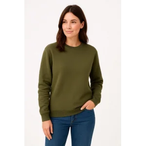 Üç İplik Düz Bisiklet Yaka SweatShirt - Haki