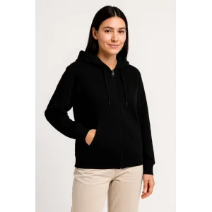 Üç İplik Kapüşonlu Tam Fermuarlı Kanguru Çepli SweatShirt Hoodie - Siyah