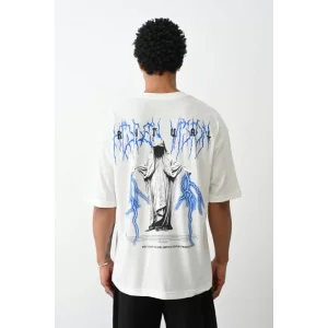 Unisex Baskılı Oversize T-Shirt - Beyaz