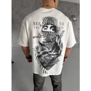 Unisex Baskılı Oversize T-Shirt - Beyaz