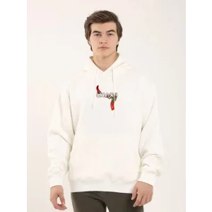 Unisex Baskılı Oversize Üç İplik Kapüşonlu Sweatshirt - Beyaz