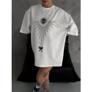 Unisex Bisiklet Yaka Baskılı Oversize T-Shirt - Beyaz