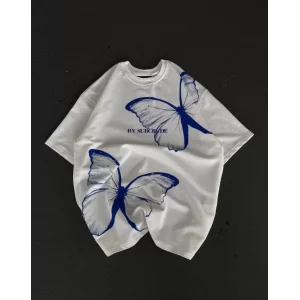 Unisex Bisiklet Yaka Baskılı Oversize T-Shirt - Beyaz