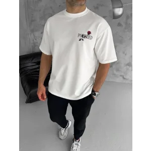 Unisex Bisiklet Yaka Baskılı Oversize T-Shirt - Beyaz