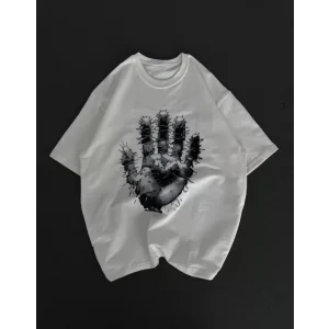 Unisex Bisiklet Yaka Baskılı Oversize T-Shirt - Beyaz