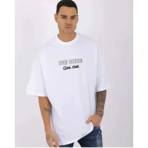 Unisex Bisiklet Yaka Baskılı Oversize T-Shirt - Beyaz
