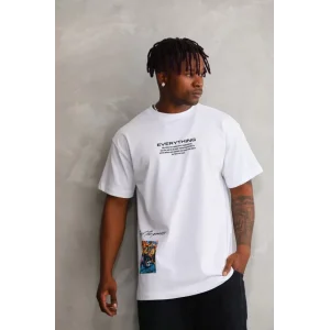 Unisex Bisiklet Yaka Baskılı Oversize T-Shirt - Beyaz