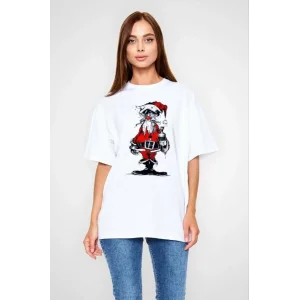 Unisex Bisiklet Yaka Baskılı Oversize T-Shirt - Beyaz