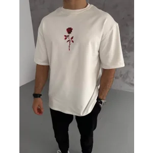 Unisex Bisiklet Yaka Baskılı Oversize T-Shirt - Beyaz