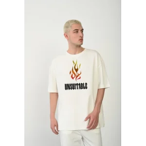 Unisex Bisiklet Yaka Baskılı Oversize T-Shirt - Beyaz