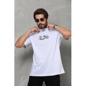 Unisex Bisiklet Yaka Baskılı Oversize T-Shirt - Beyaz