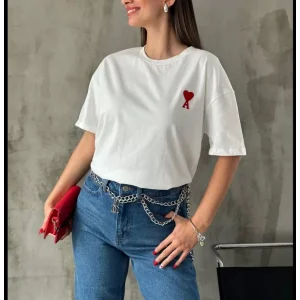 Unisex Bisiklet Yaka Baskılı Oversize T-Shirt - Beyaz