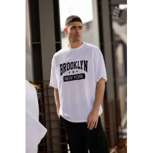 Unisex Bisiklet Yaka Baskılı Oversize T-Shirt - Beyaz