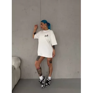 Unisex Bisiklet Yaka Baskılı Oversize T-Shirt - Beyaz