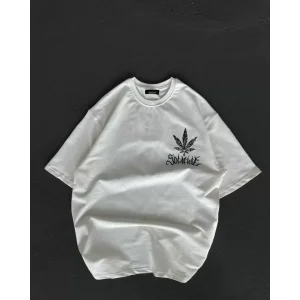 Unisex Bisiklet Yaka Baskılı Oversize T-Shirt - Beyaz