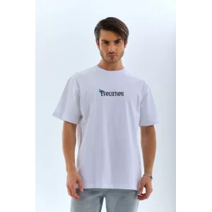 Unisex Bisiklet Yaka Baskılı Oversize T-Shirt - Beyaz