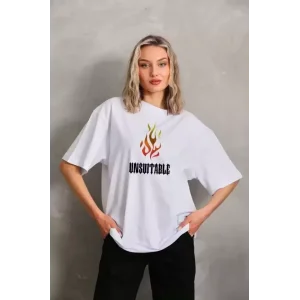 Unisex Bisiklet Yaka Baskılı Oversize T-Shirt - Beyaz