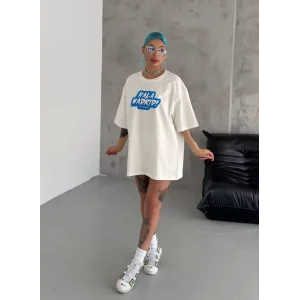 Unisex Bisiklet Yaka Baskılı Oversize T-Shirt - Beyaz