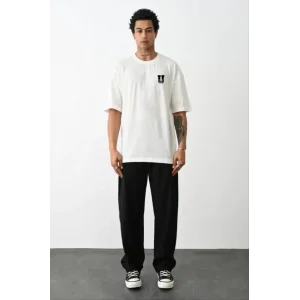 Unisex Bisiklet Yaka Baskılı Oversize T-Shirt - Beyaz
