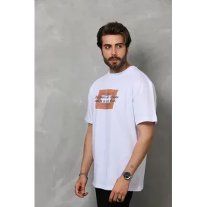 Unisex Bisiklet Yaka Baskılı Oversize T-Shirt - Beyaz